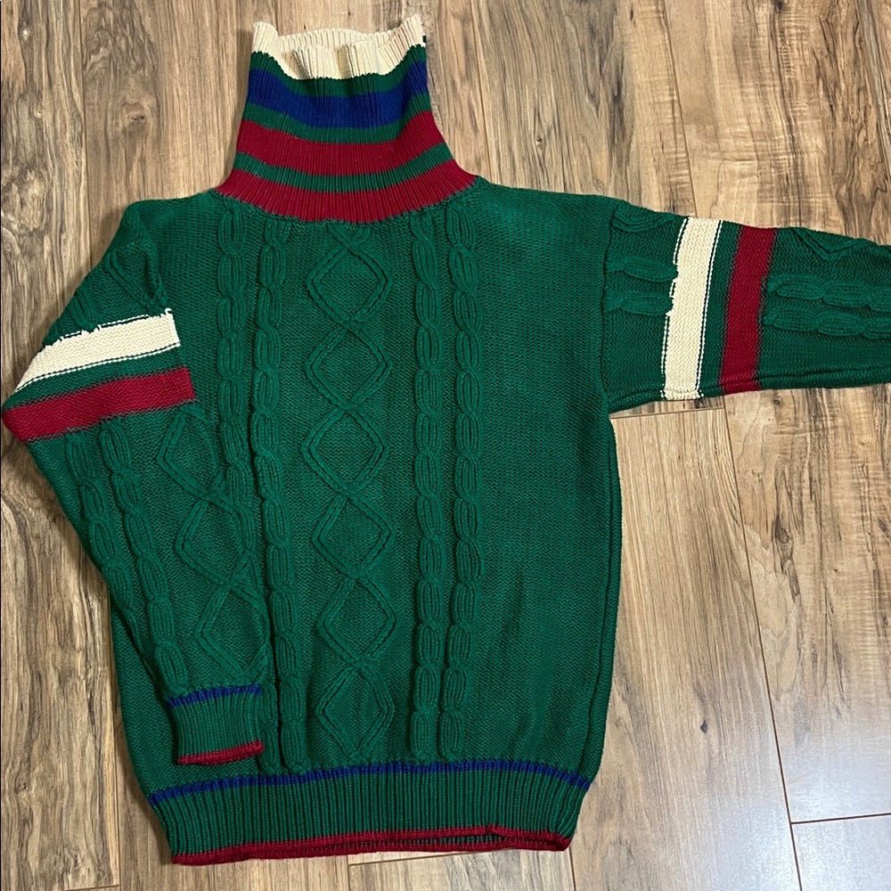 Vintage Cricket Green Cable Knit Sweater Unisex with Striped Accents Sz M